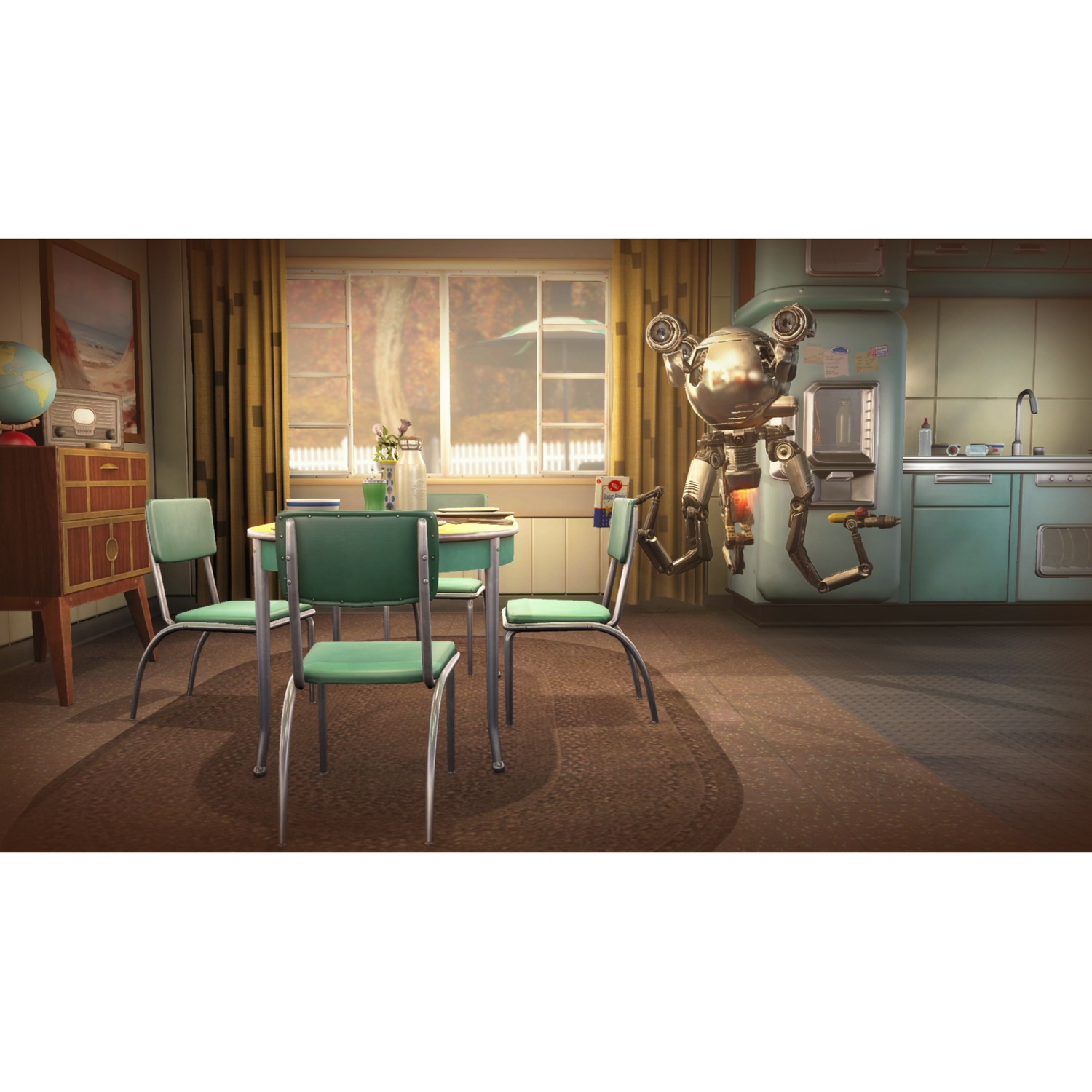 Een robot zweeft in een retro-futuristische keuken met groene kasten en een tafel.