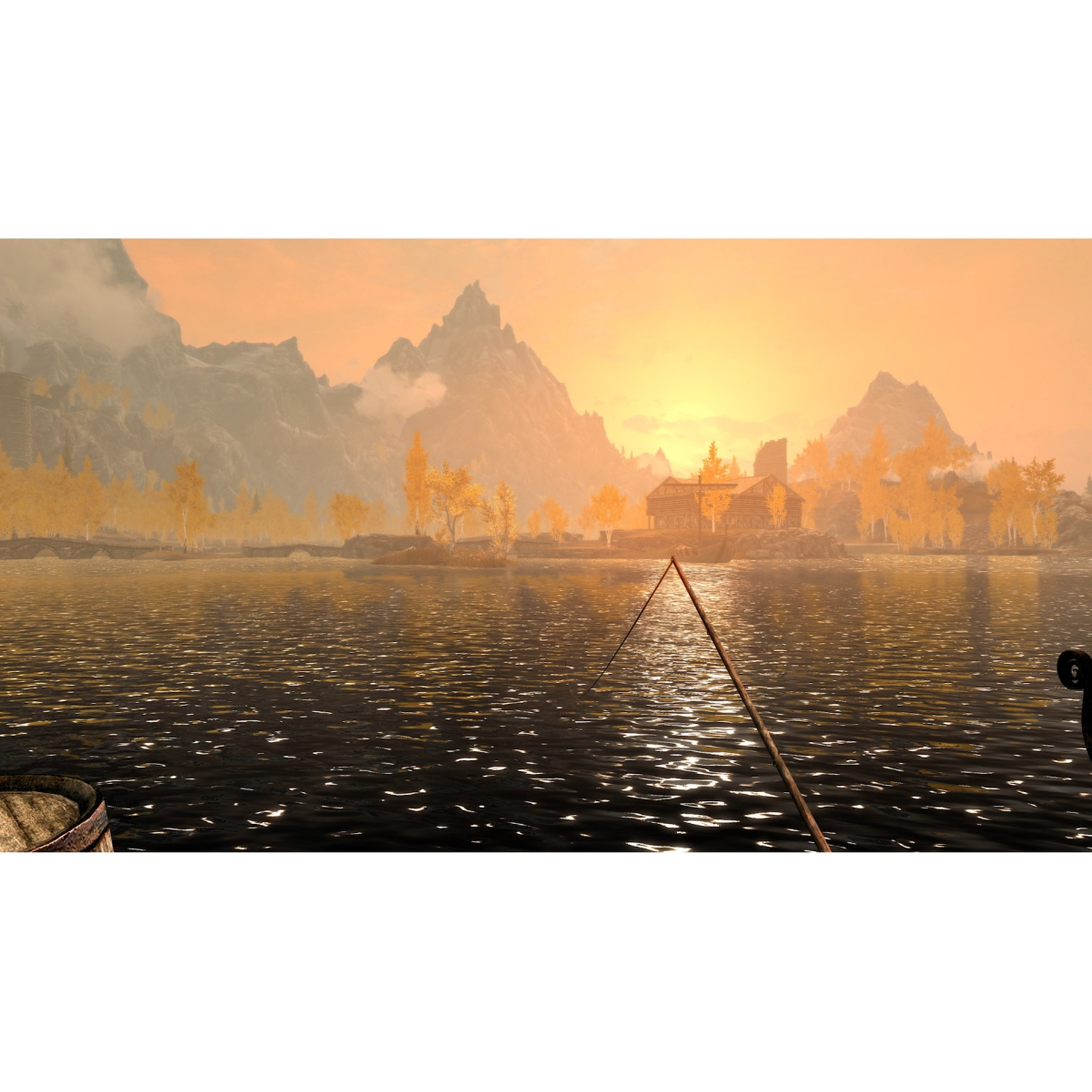 Een hengel op het water voor een nederzetting bij zonsondergang.