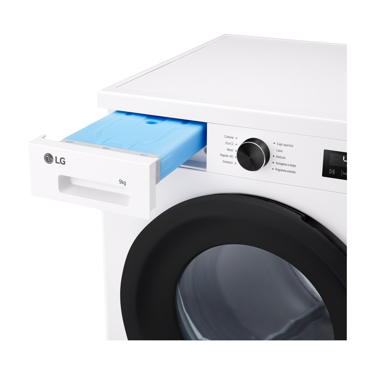 Lavatrice LG bianca con cassetto detersivo blu estratto e oblò nero.