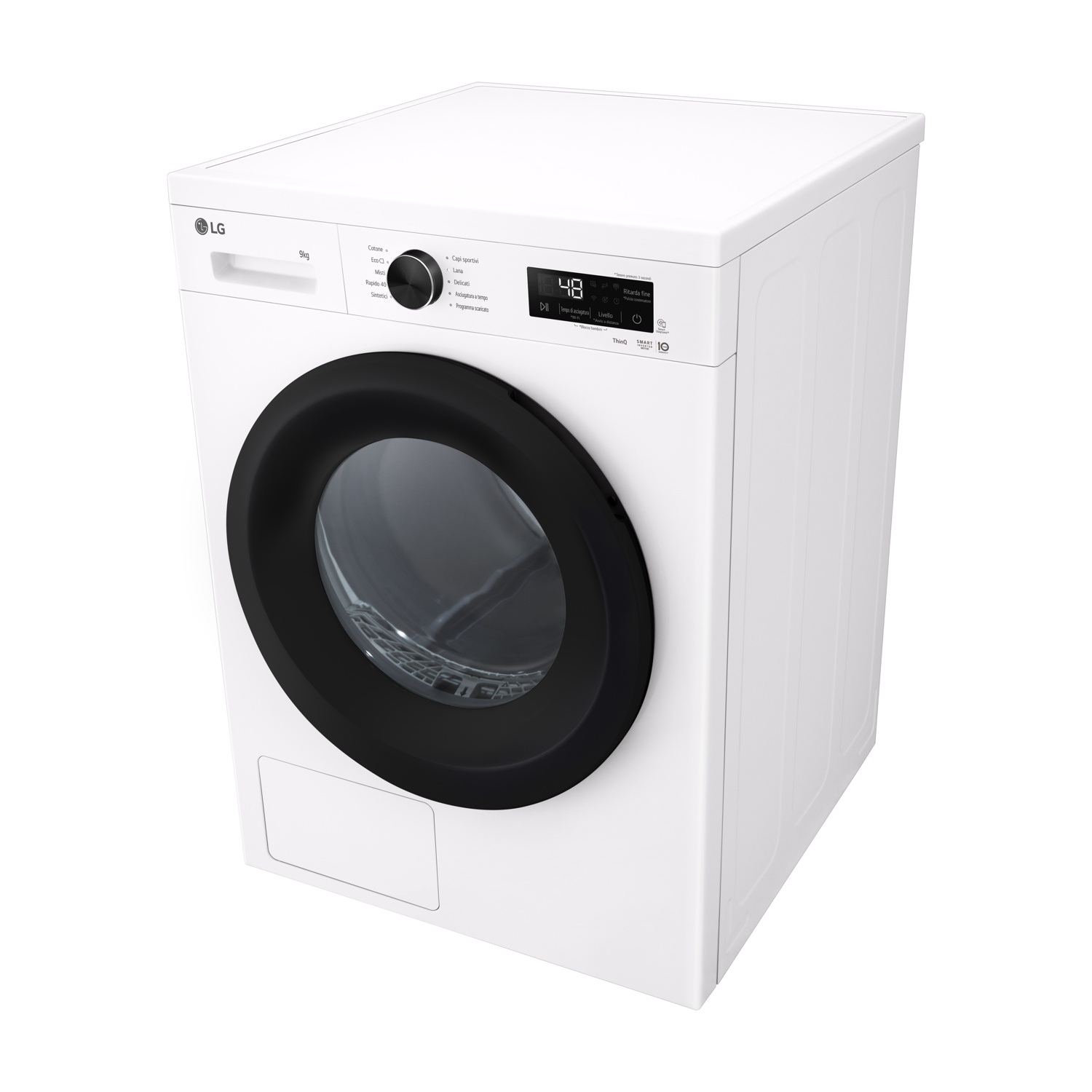 Lavatrice LG bianca con oblò nero e display digitale.