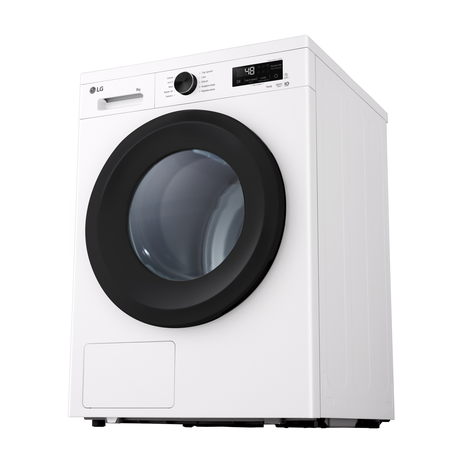 Lavatrice LG bianca con oblò nero e display digitale. Capacità 9kg.