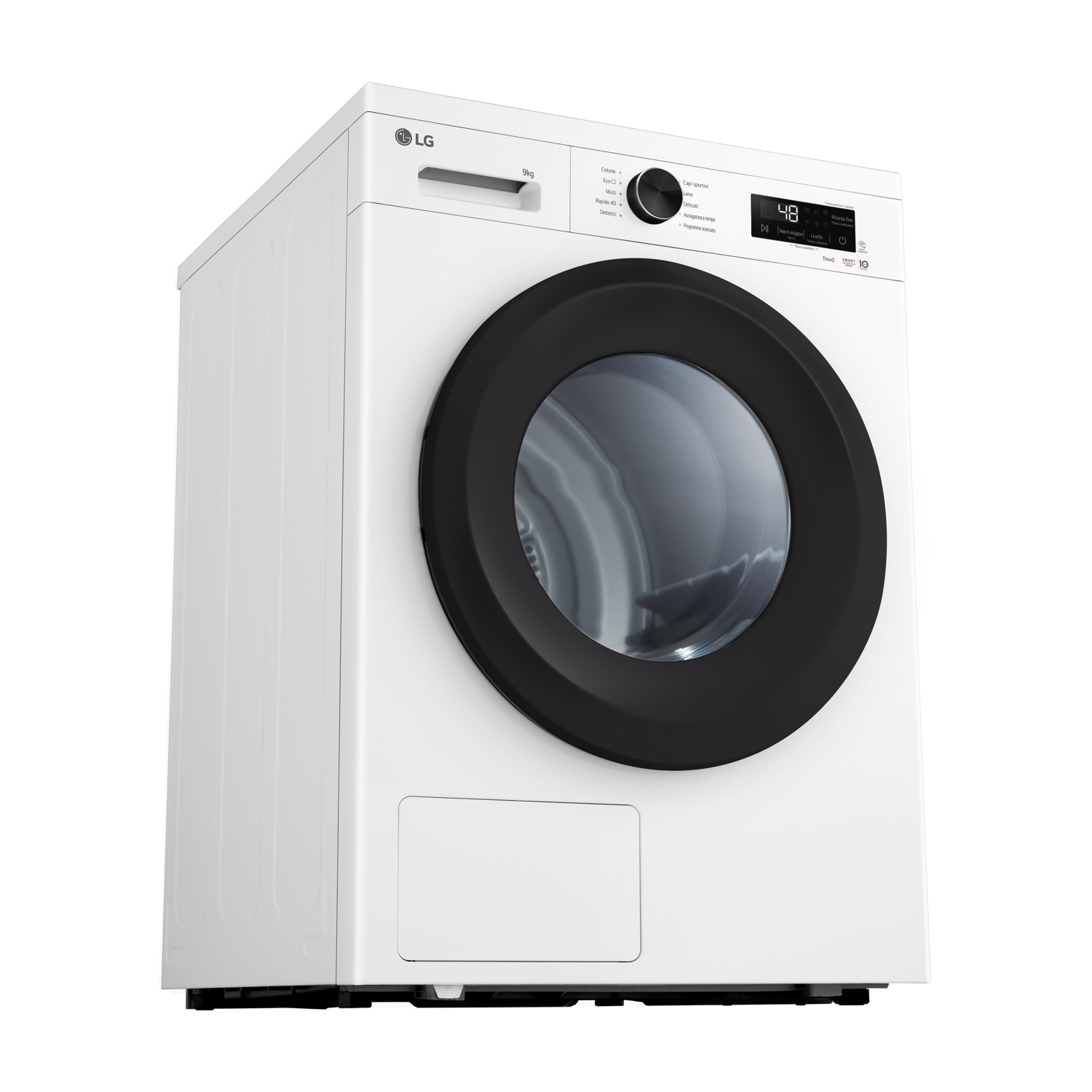 Lavatrice LG bianca con oblò nero e display digitale.
