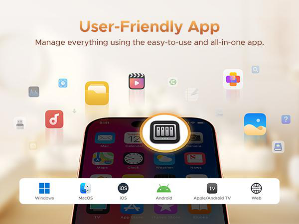 Smartphone-App-Icons, ein Akku-Symbol und Plattform-Logos.