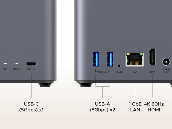 Geräteanschlüsse: USB-C, 2x USB-A, LAN, HDMI, DC 12V.
