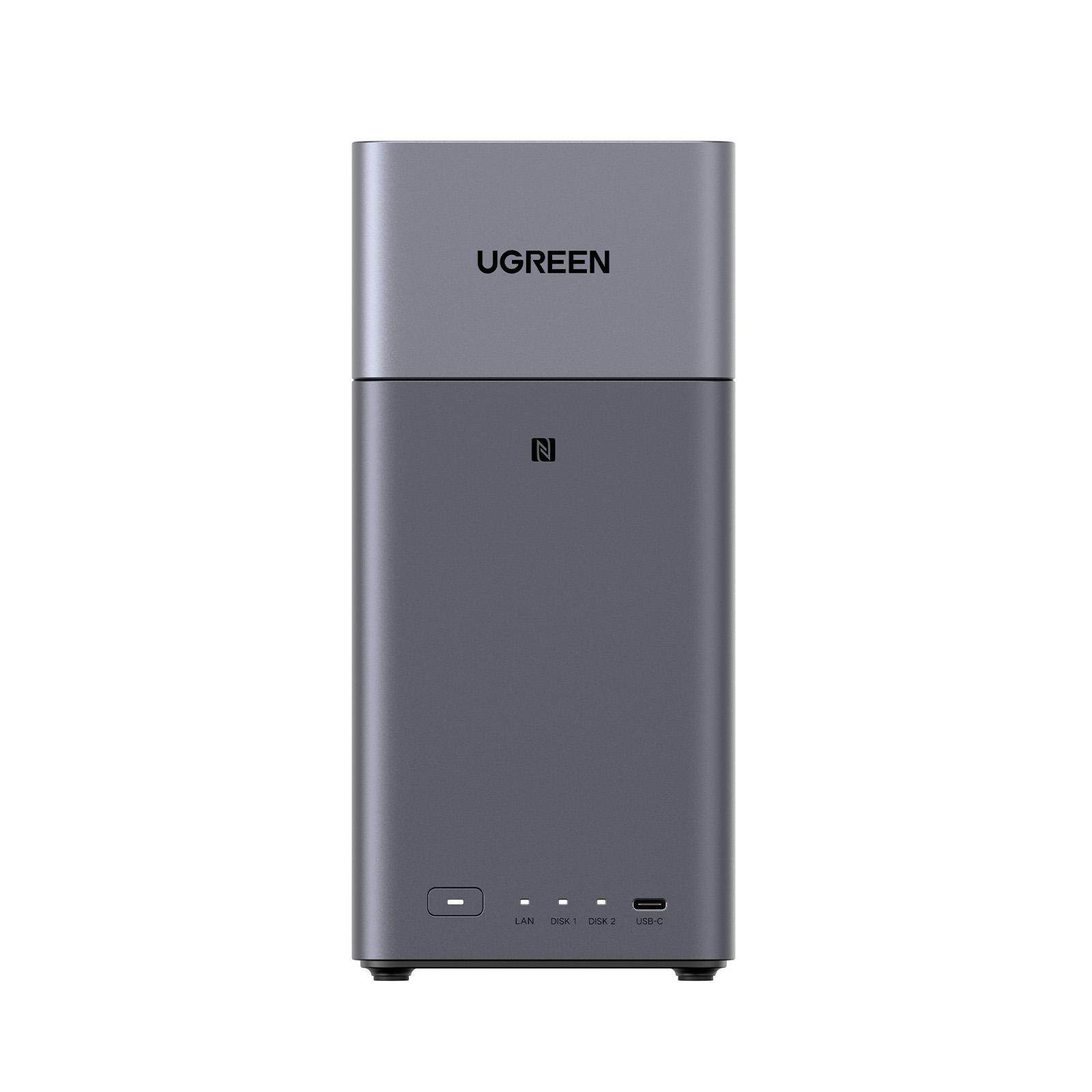 Graues UGREEN-Gerät mit N-Logo, LAN-, Disk 1-, Disk 2- und USB-C-Anschlüssen.