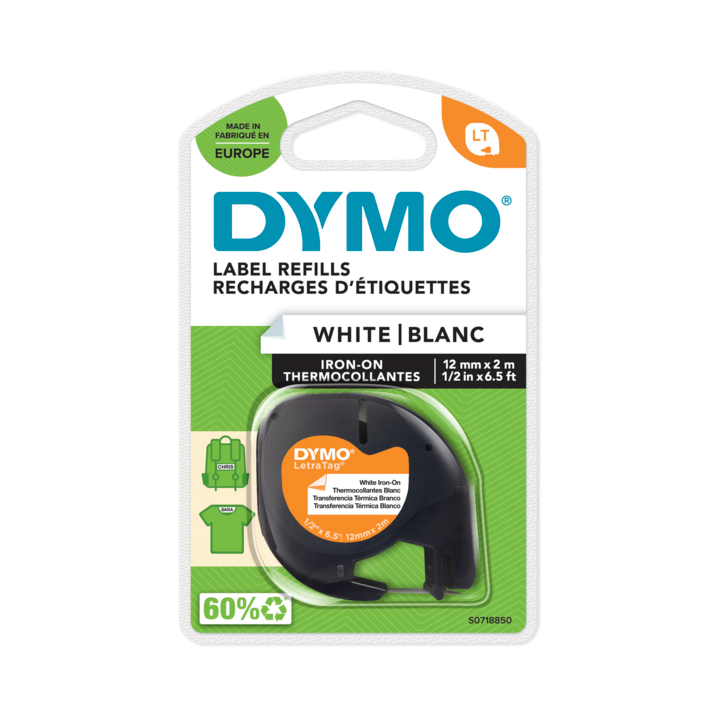 Recambios de etiquetas termoadhesivas DYMO, blancas, 12mm x 2m.