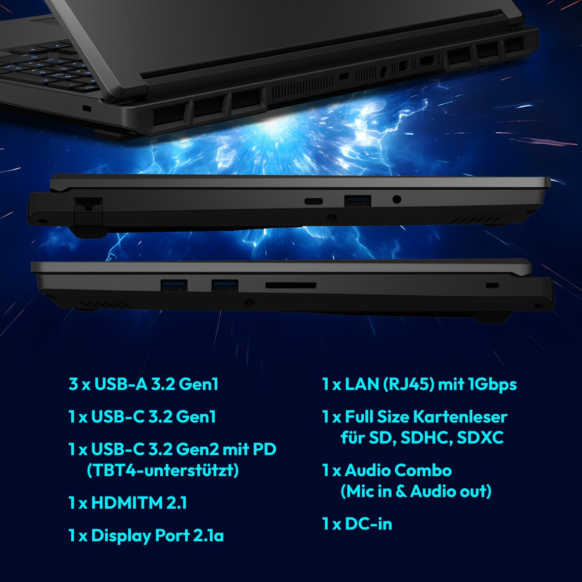 Laptop-Anschlüsse: 3x USB-A, 2x USB-C, HDMI, DisplayPort, LAN, Kartenleser, Audio, DC-in.
