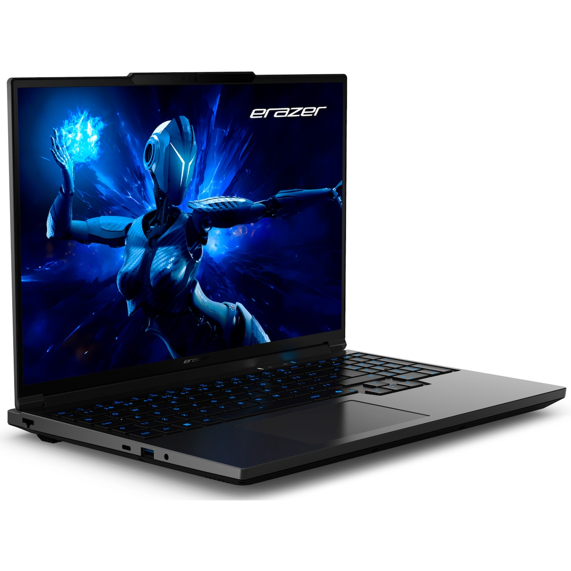 Schwarzer Laptop mit leuchtend blauer Roboter-Grafik auf dem Bildschirm.