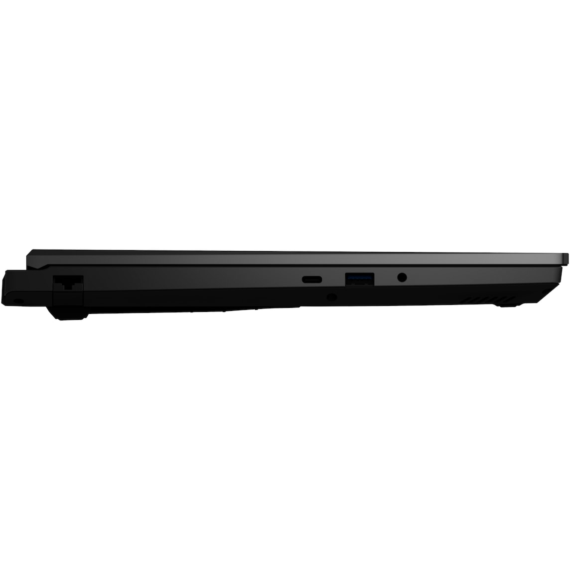 Seitenansicht eines schwarzen Laptops mit USB-Anschluss.