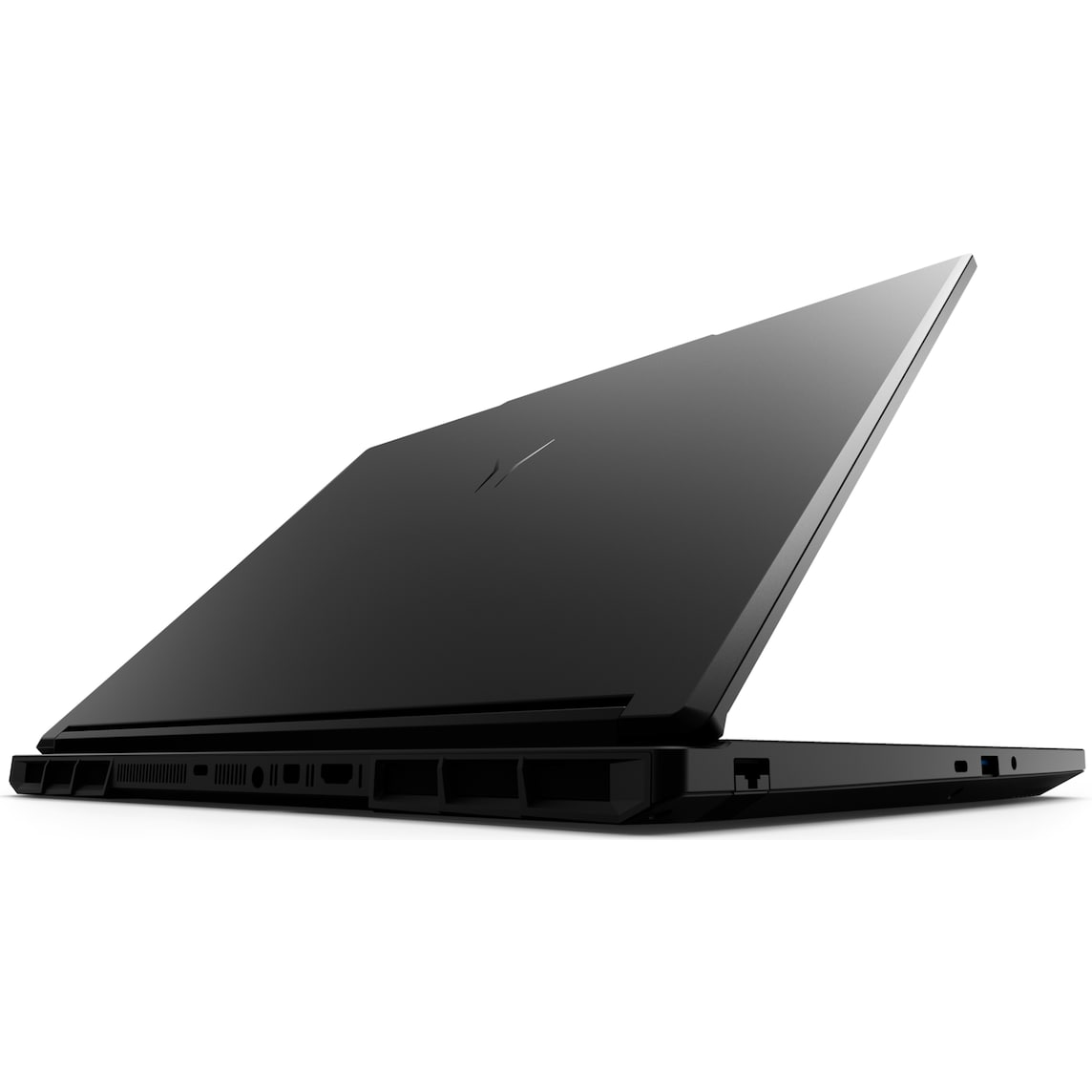 Schwarzer Laptop im Profil geöffnet, mit Fokus auf die Anschlüsse an der Seite.