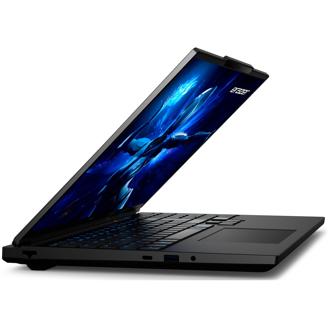 Schwarzer Laptop mit blau beleuchteter Tastatur und abstraktem blauen Hintergrundbild.