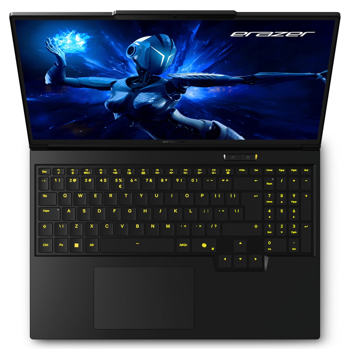 Schwarzer Laptop mit leuchtender Tastatur und einem Roboterbildschirm.