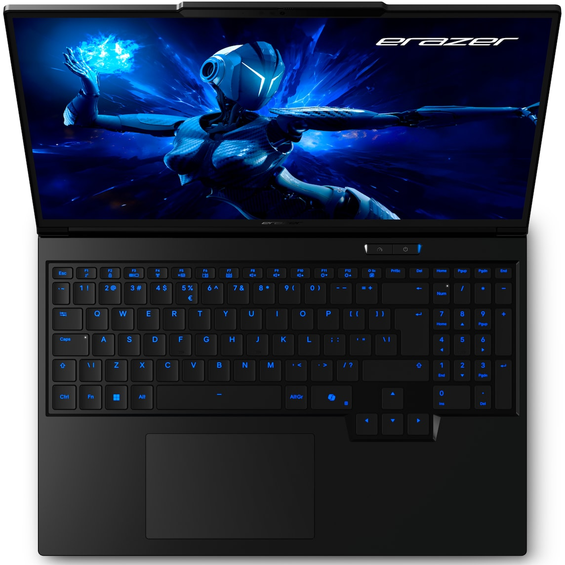 Ein schwarzer Laptop mit beleuchteter Tastatur und einem blauen Sci-Fi-Bildschirm.