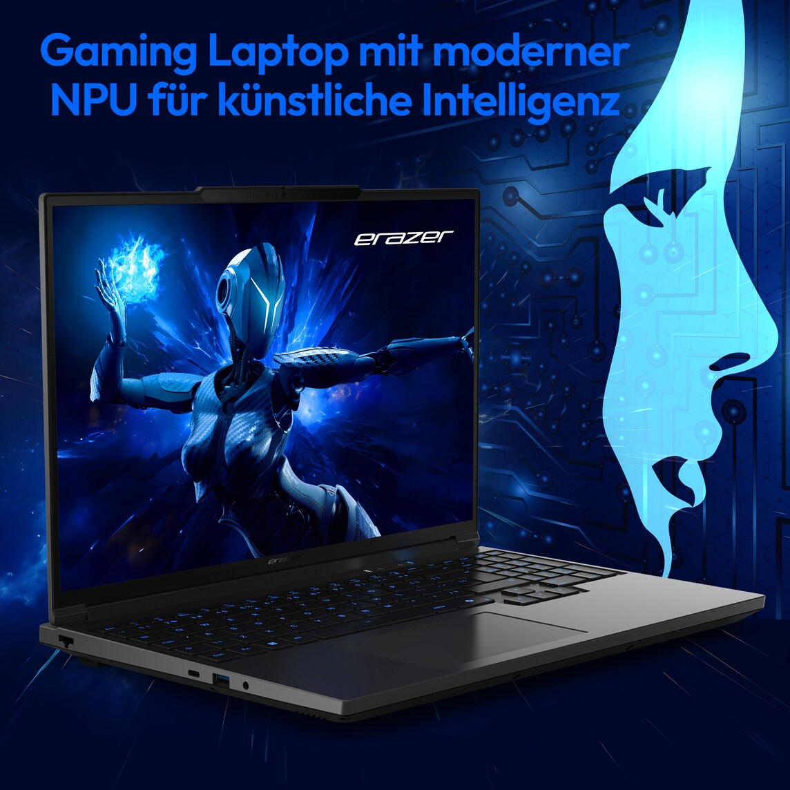 Ein Laptop mit einem Roboter auf dem Bildschirm und einem stilisierten Gesicht.