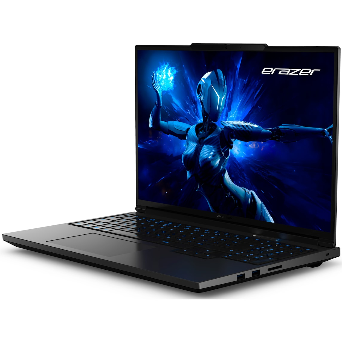 Ein schwarzer Laptop mit einem blauen Sci-Fi-Roboter auf dem Bildschirm.