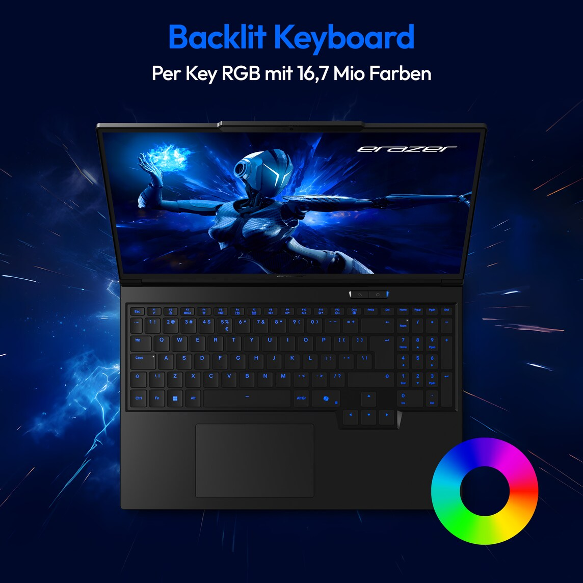 Ein Laptop mit beleuchteter Tastatur und einem Sci-Fi-Bildschirm. RGB-Farbkreis daneben.