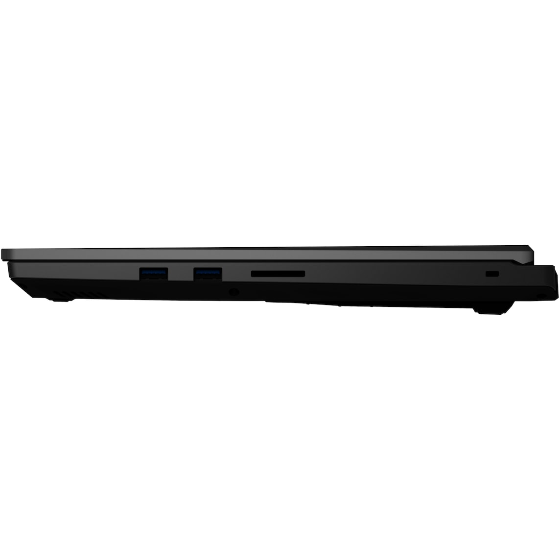 Schwarzer Laptop-Seite mit zwei USB-Anschlüssen und SD-Kartensteckplatz.