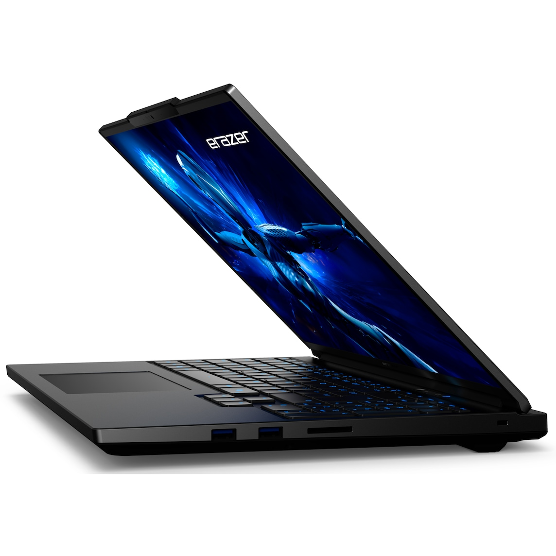 Ein schwarzer Laptop mit blauem abstrakten Hintergrundbild auf dem Bildschirm, Ansicht von der Seite.