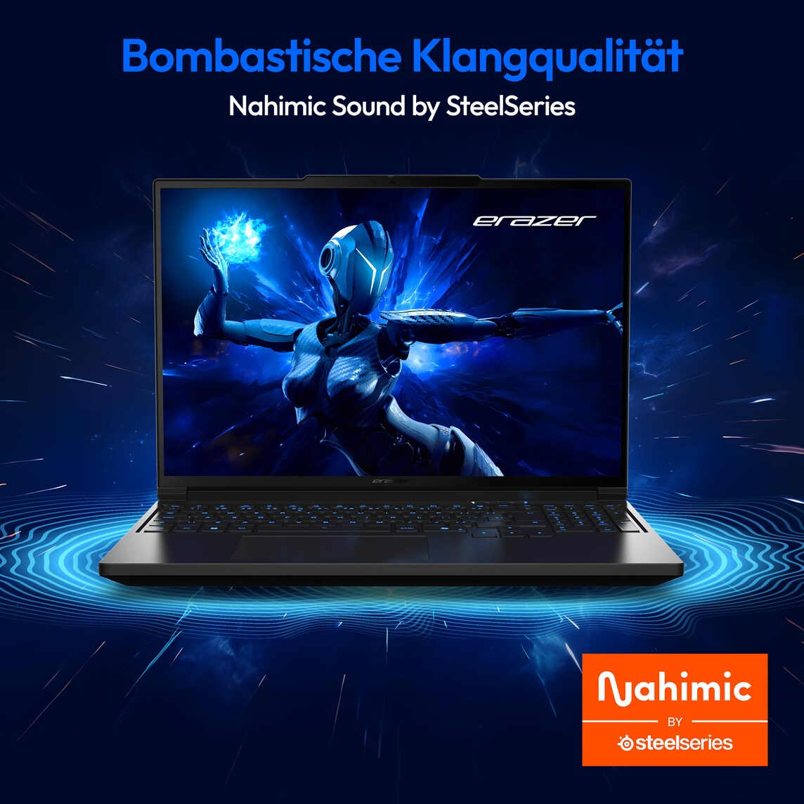 Ein Laptop zeigt eine blaue Cyborg-Figur mit leuchtenden Händen vor einem explosiven Hintergrund.