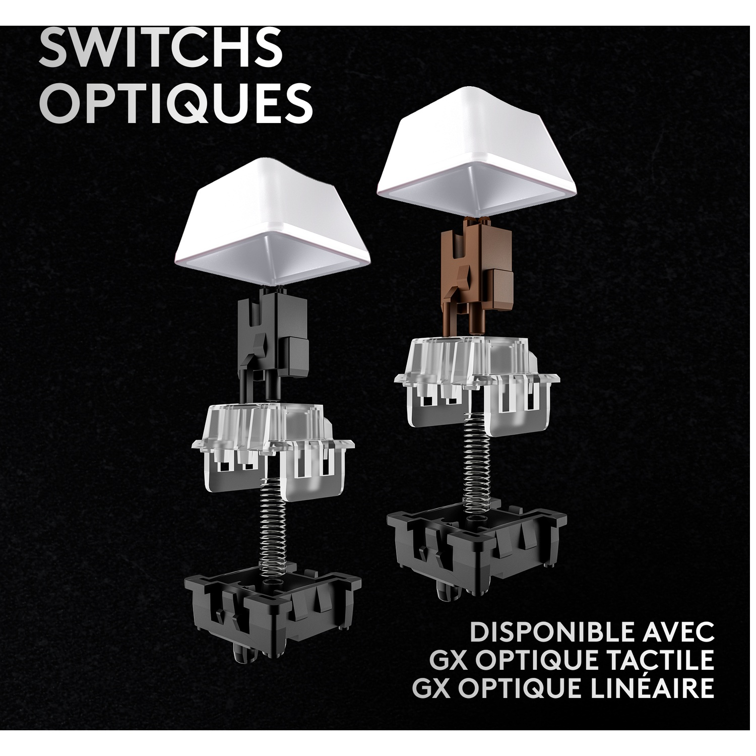 Vue éclatée de deux commutateurs optiques. L'un est noir, l'autre marron.