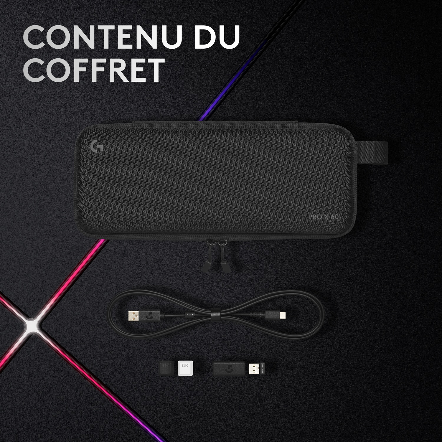Étui Logitech Pro X 60, câble USB, dongle et touche ESC.