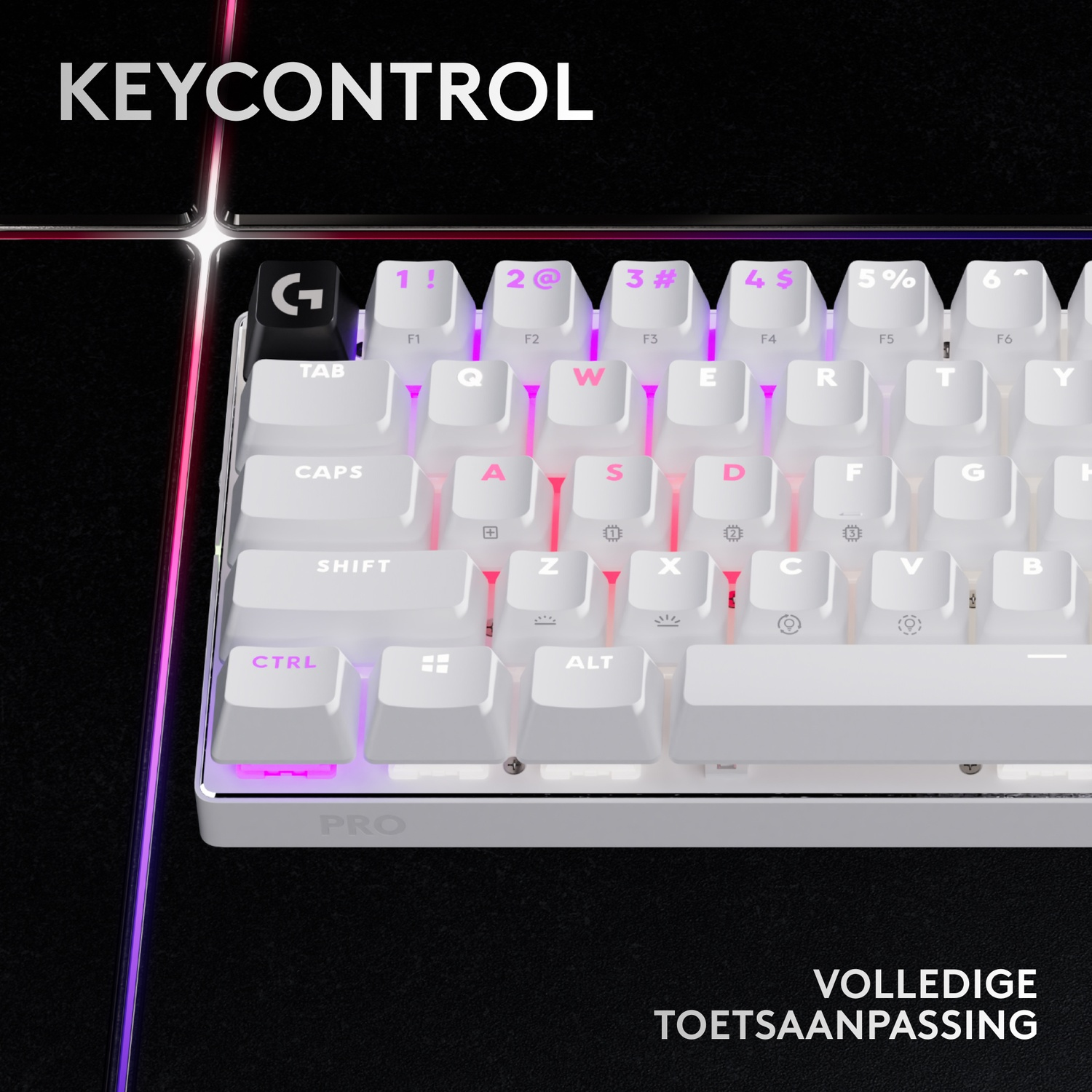 A white mechanical keyboard with RGB lighting and the text KEYCONTROL.