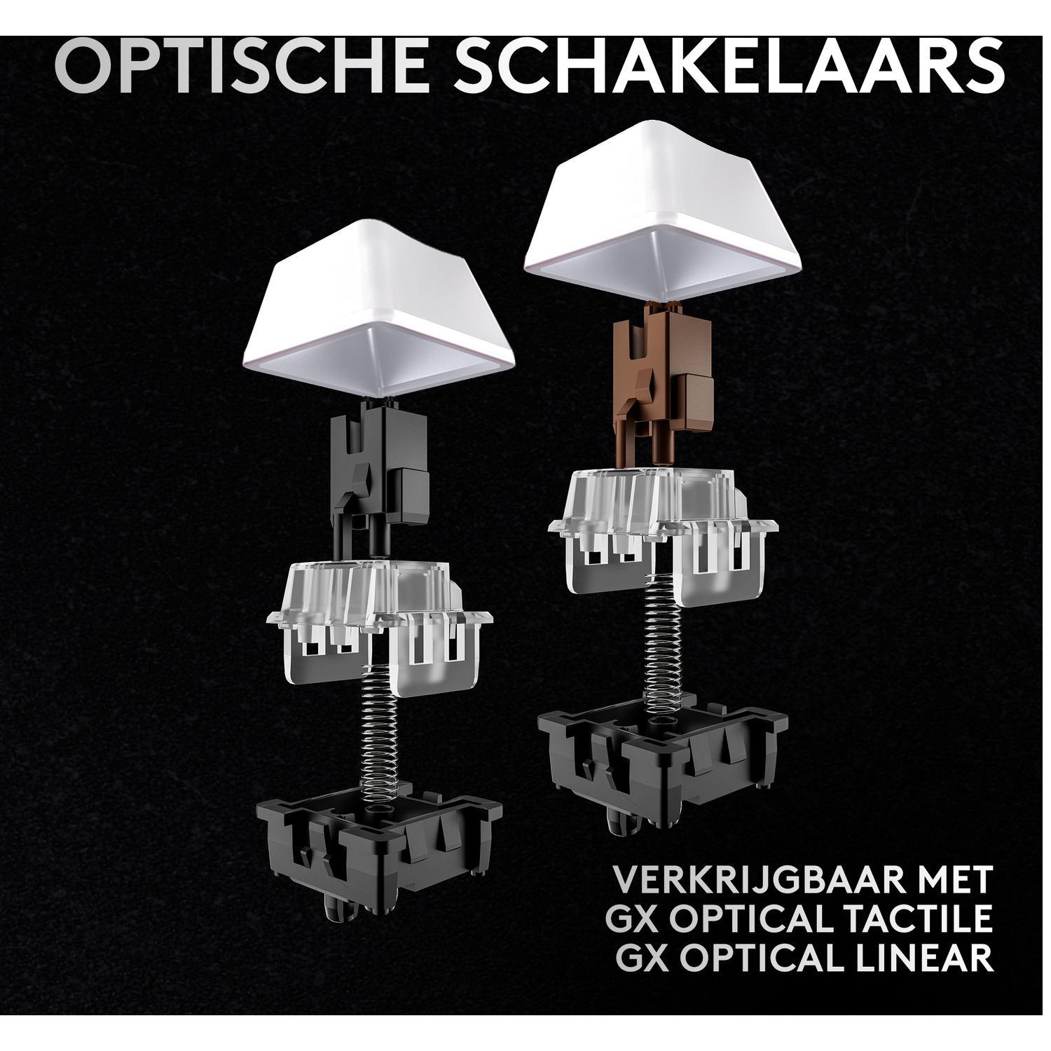 Exploded view of two optical switches with white and brown actuators.