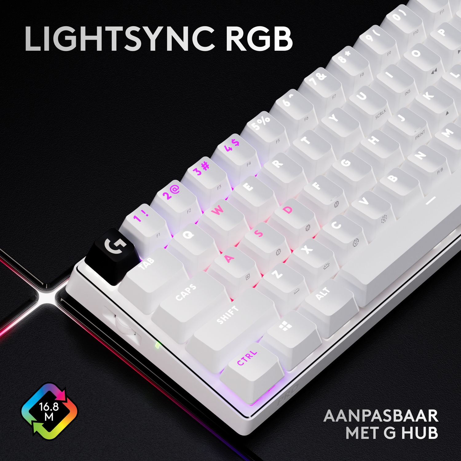 White keyboard with RGB lighting and "LIGHTSYNC RGB" text.