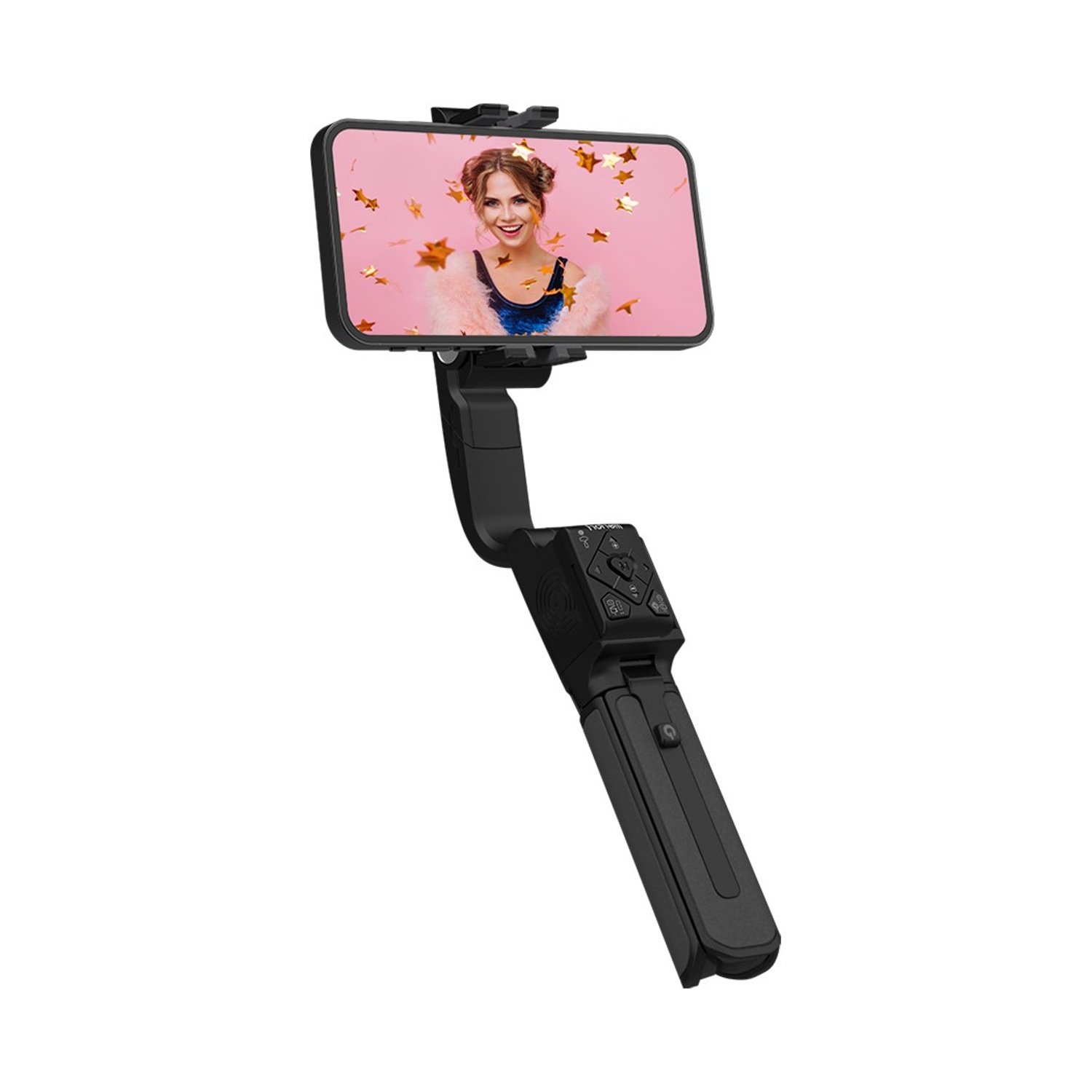 Un gimbal nero tiene uno smartphone con una donna sorridente su sfondo rosa stellato.