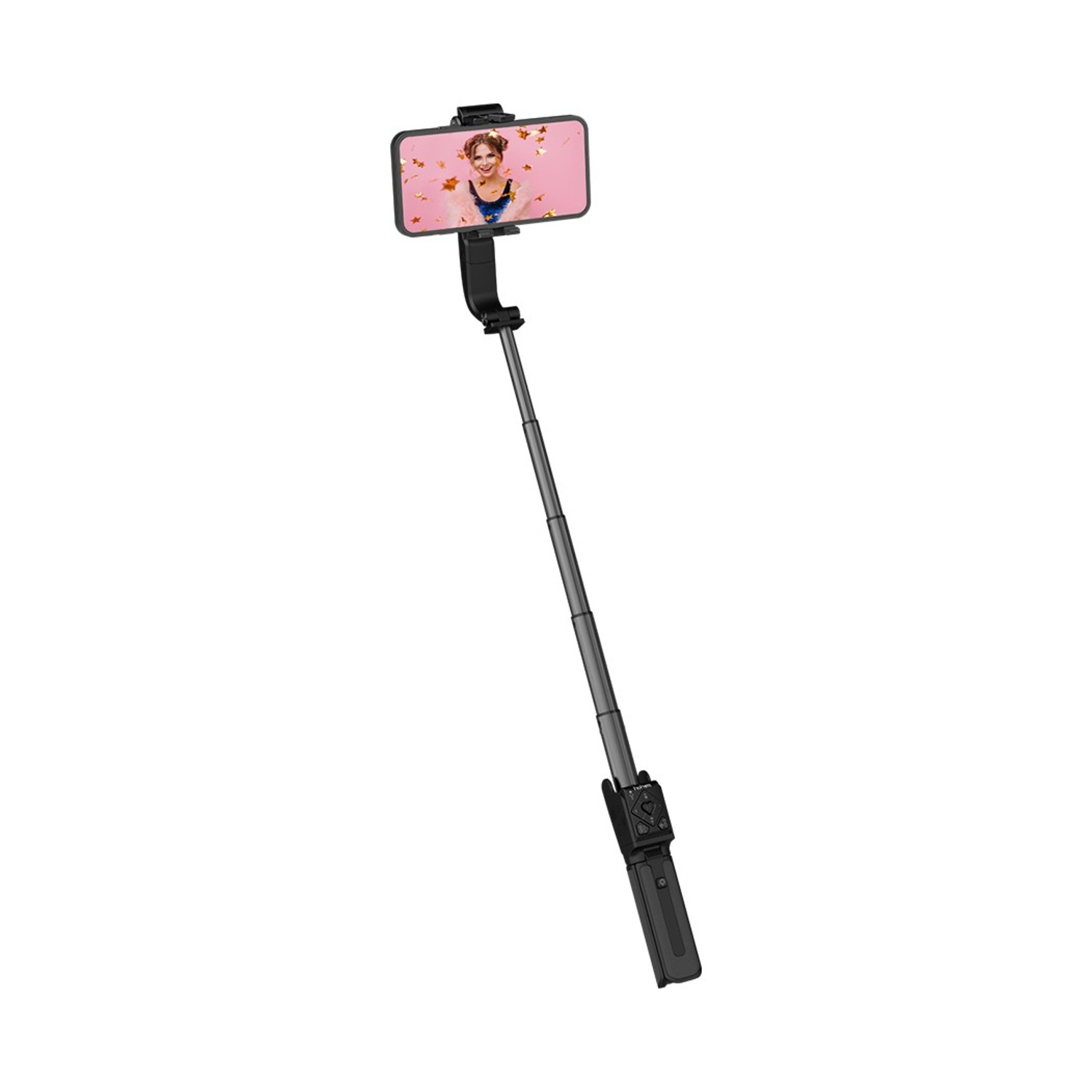 Un selfie stick estensibile che tiene uno smartphone con la foto di una donna.