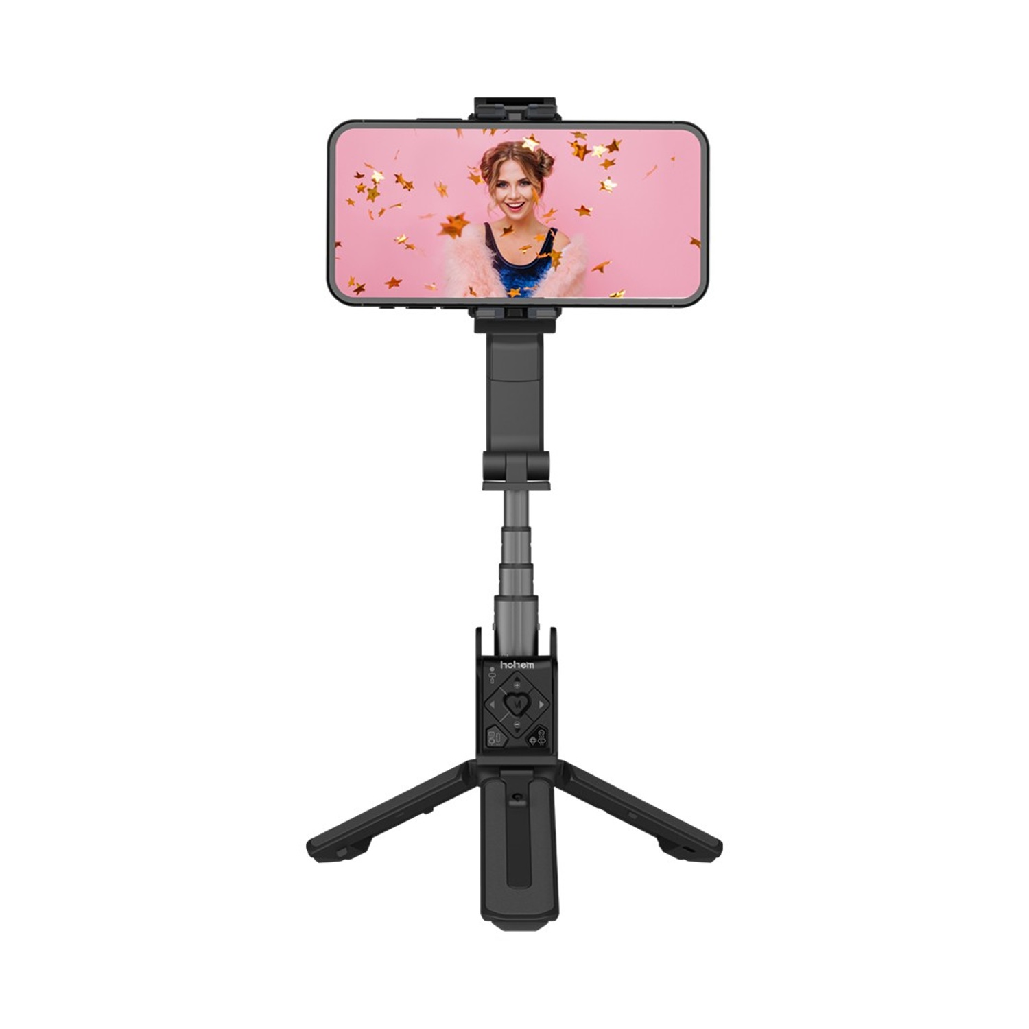 Un selfie stick nero con treppiede, che tiene uno smartphone che mostra una donna.