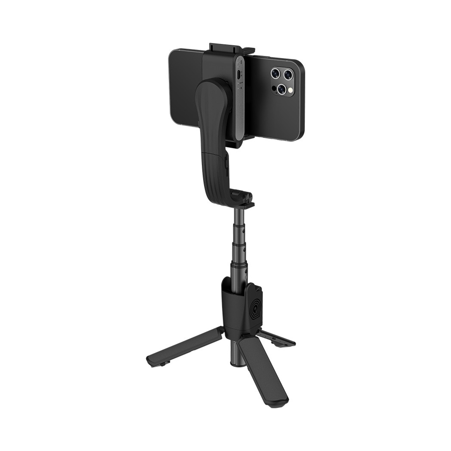 Un gimbal nero per smartphone con treppiede pieghevole e supporto per telefono.