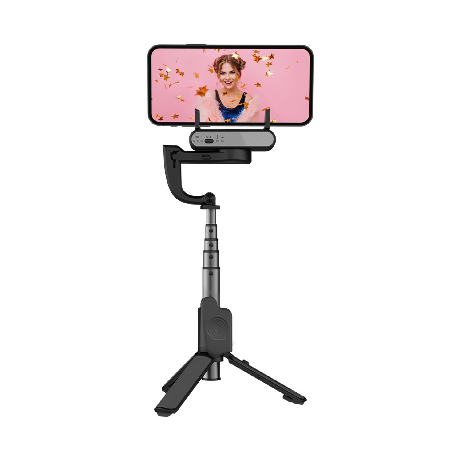Uno smartphone su un treppiede gimbal con una donna che lancia stelle.