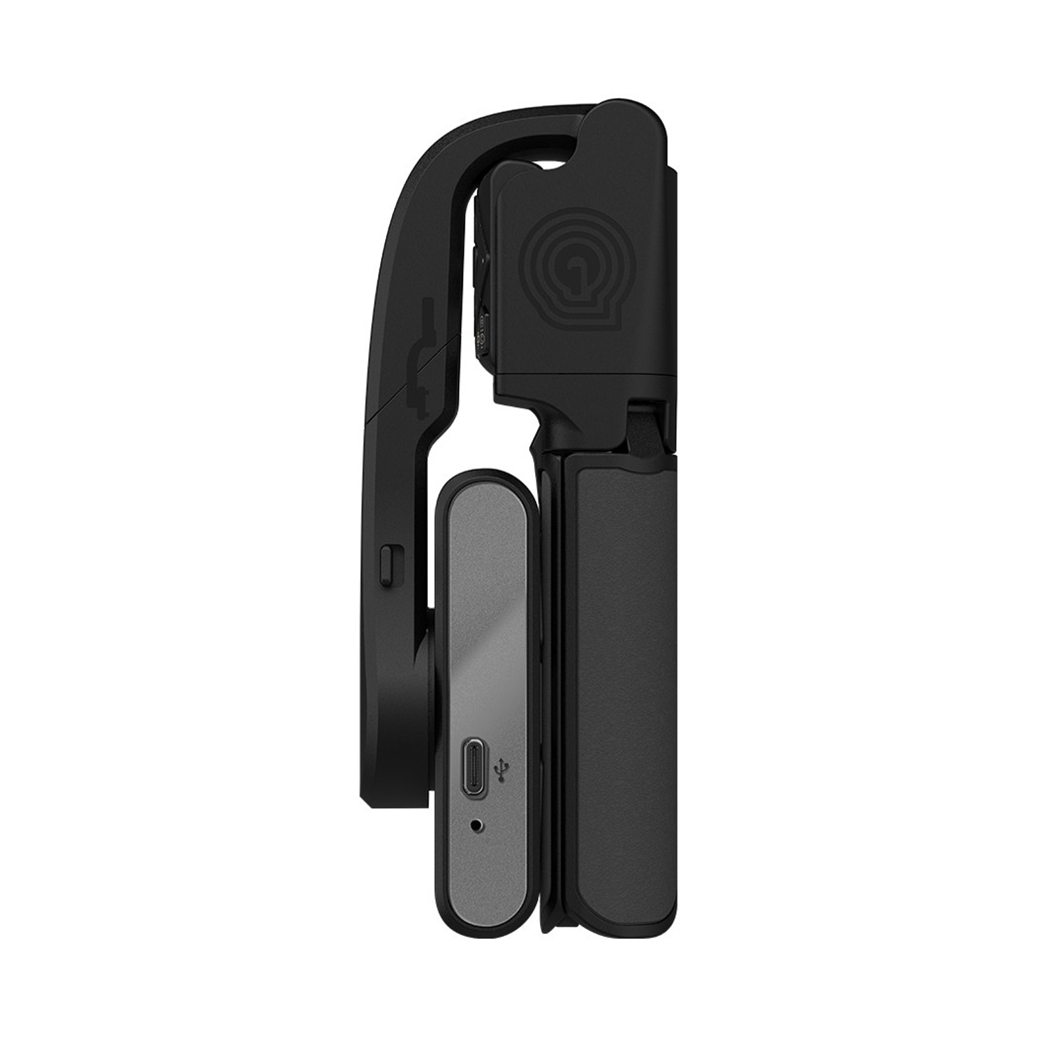 Un gimbal nero con porta USB-C e impugnatura grigia.