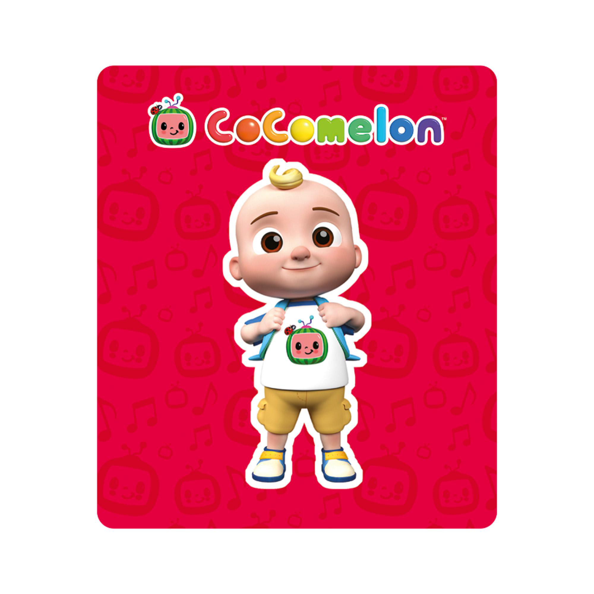 Ein Cartoon-Junge mit gelber Hose und weißem T-Shirt mit Cocomelon-Logo.