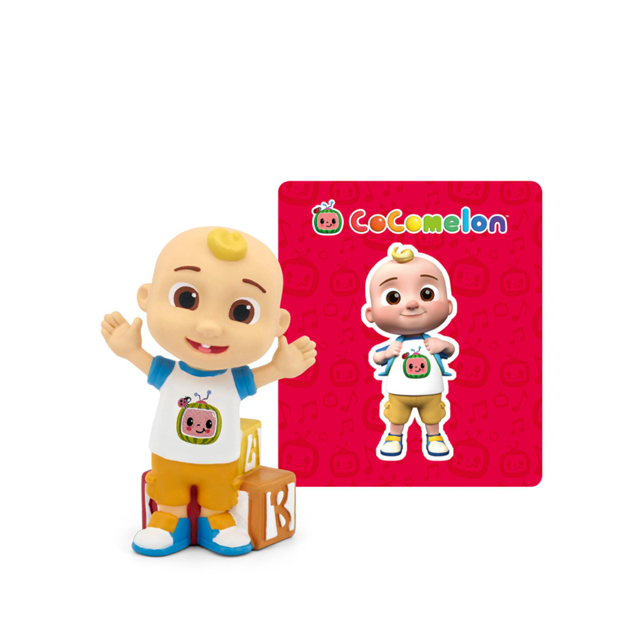 Ein Cocomelon-Baby steht neben Spielzeugblöcken. Ein weiteres Bild zeigt dasselbe Baby.