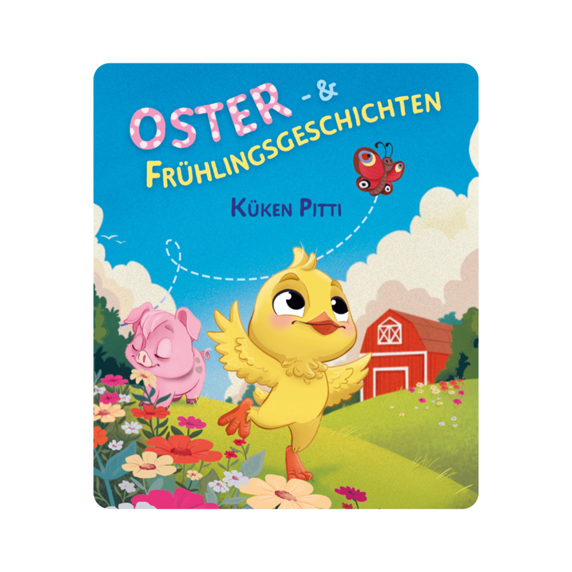 Ein Küken, ein Schwein und ein Schmetterling auf einer Wiese mit Blumen und Bauernhaus.