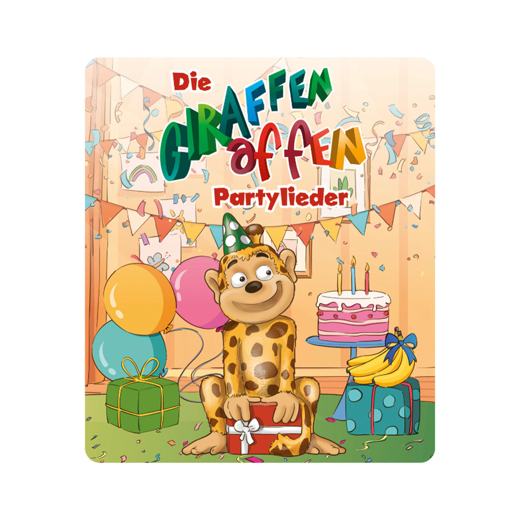 Ein Affe mit Geburtstagsmütze sitzt inmitten von Geschenken und Ballons.