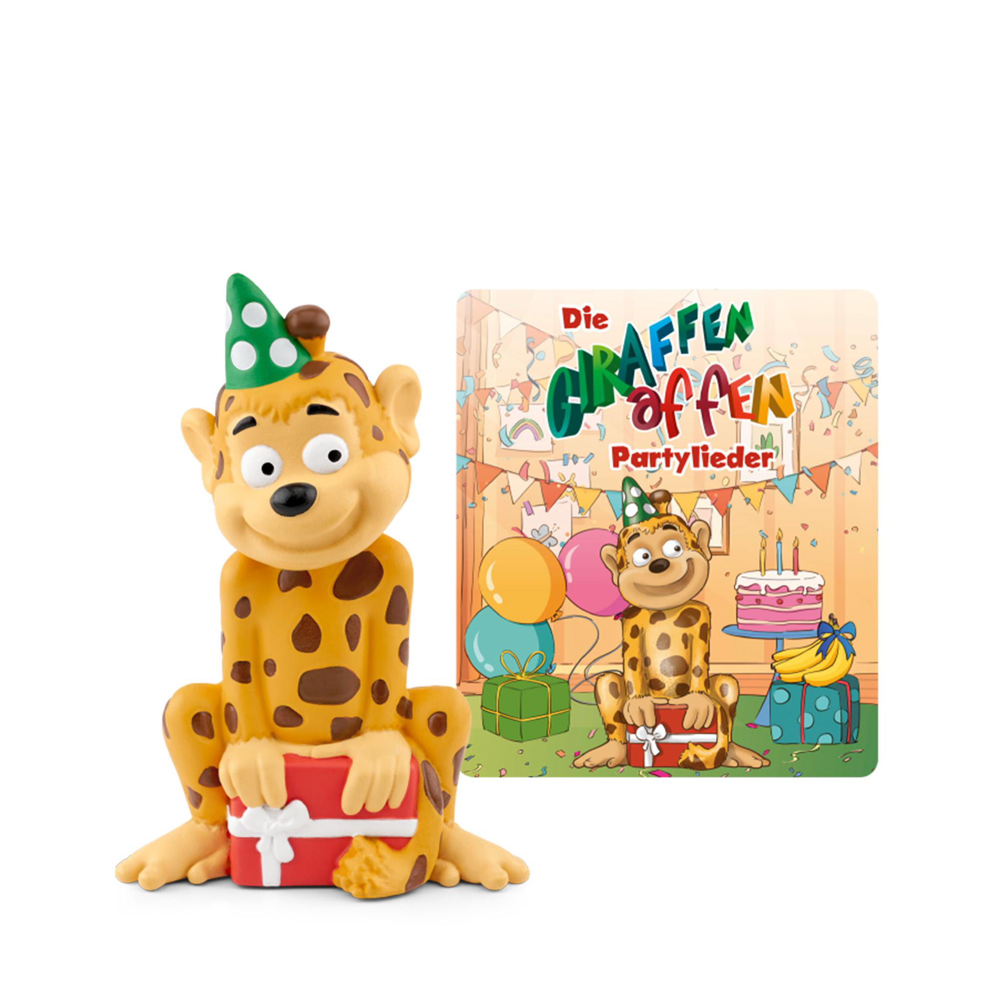 Eine Leopardenfigur mit Partyhut hält ein Geschenk neben einer Karte mit Feier-Motiv.