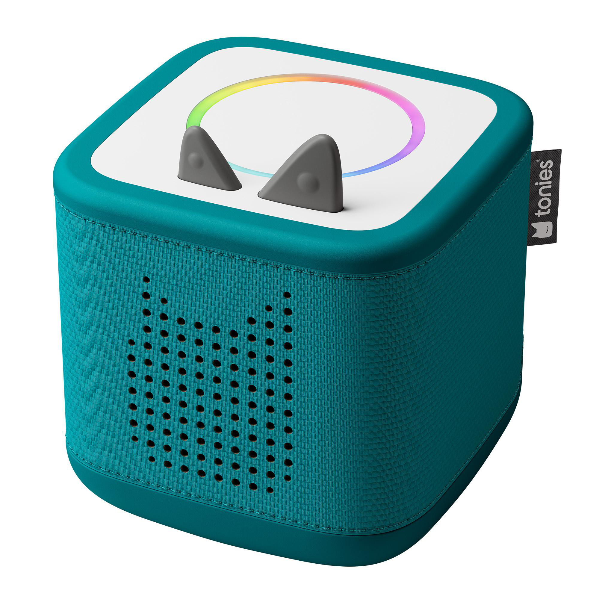 Ein türkisfarbener Toniebox-Lautsprecher mit Ohren und Regenbogenlicht.