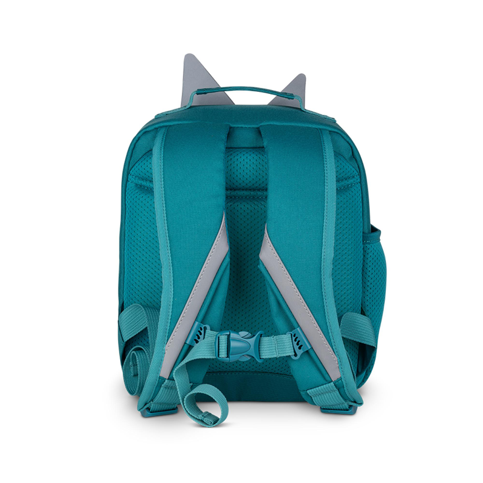 Rückansicht eines blauen Rucksacks mit Ohren und Schnallen.