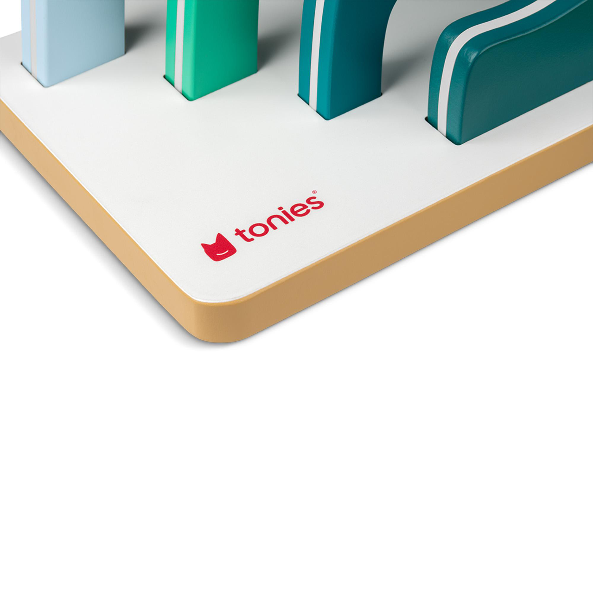 Bunte Klötze auf weißem Untergrund mit Tonies-Logo.