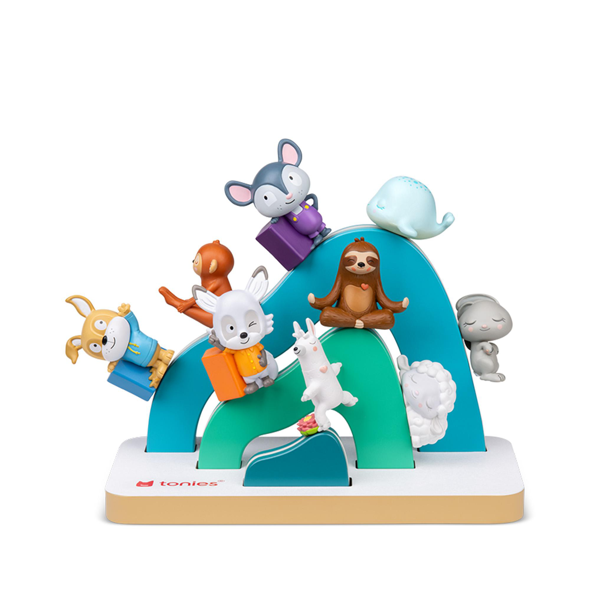 Bunte Spielzeugfiguren von Tieren auf einer bunten Rampe mit Tonies-Logo.