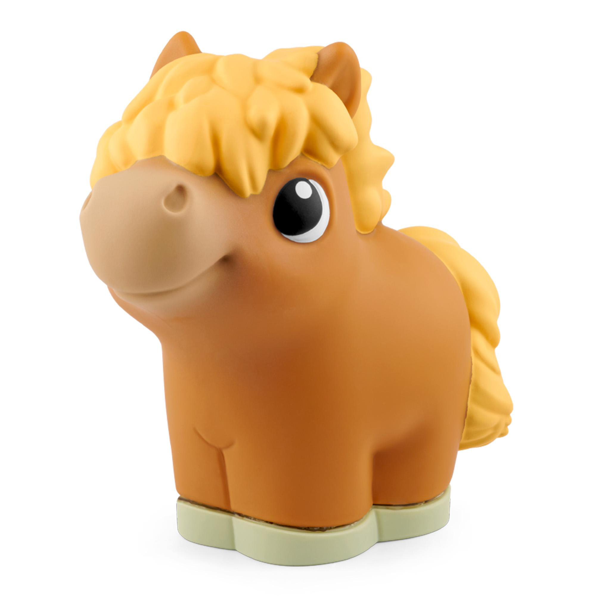 Eine braune Spielzeugpferdfigur mit gelber Mähne und Schweif auf weißem Hintergrund.