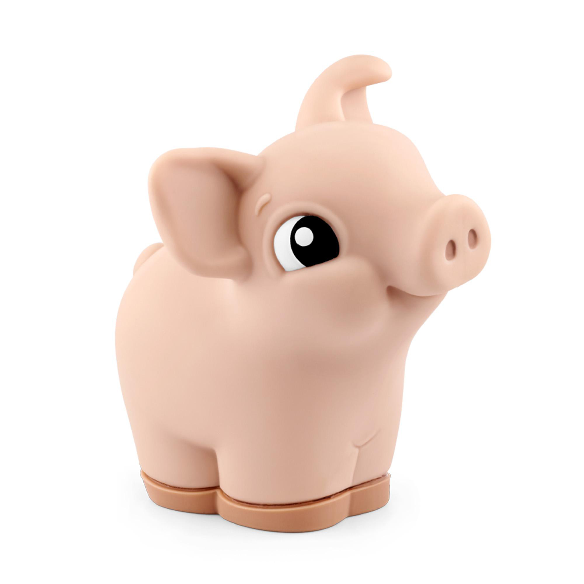 Eine helle rosafarbene Schweinefigur mit großen Augen und einem Ringelschwanz.