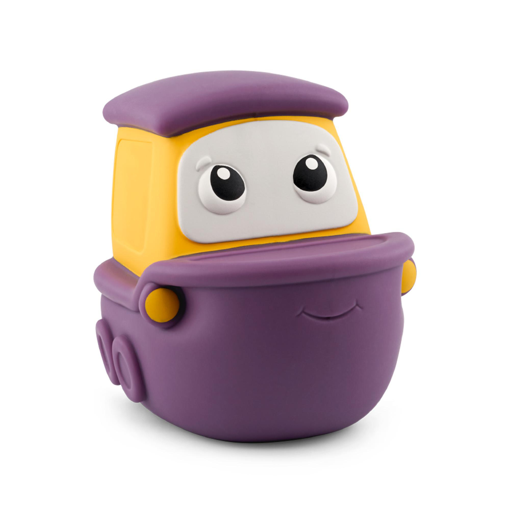 Ein gelbes und violettes Spielzeugauto mit großen Augen und einem Lächeln.