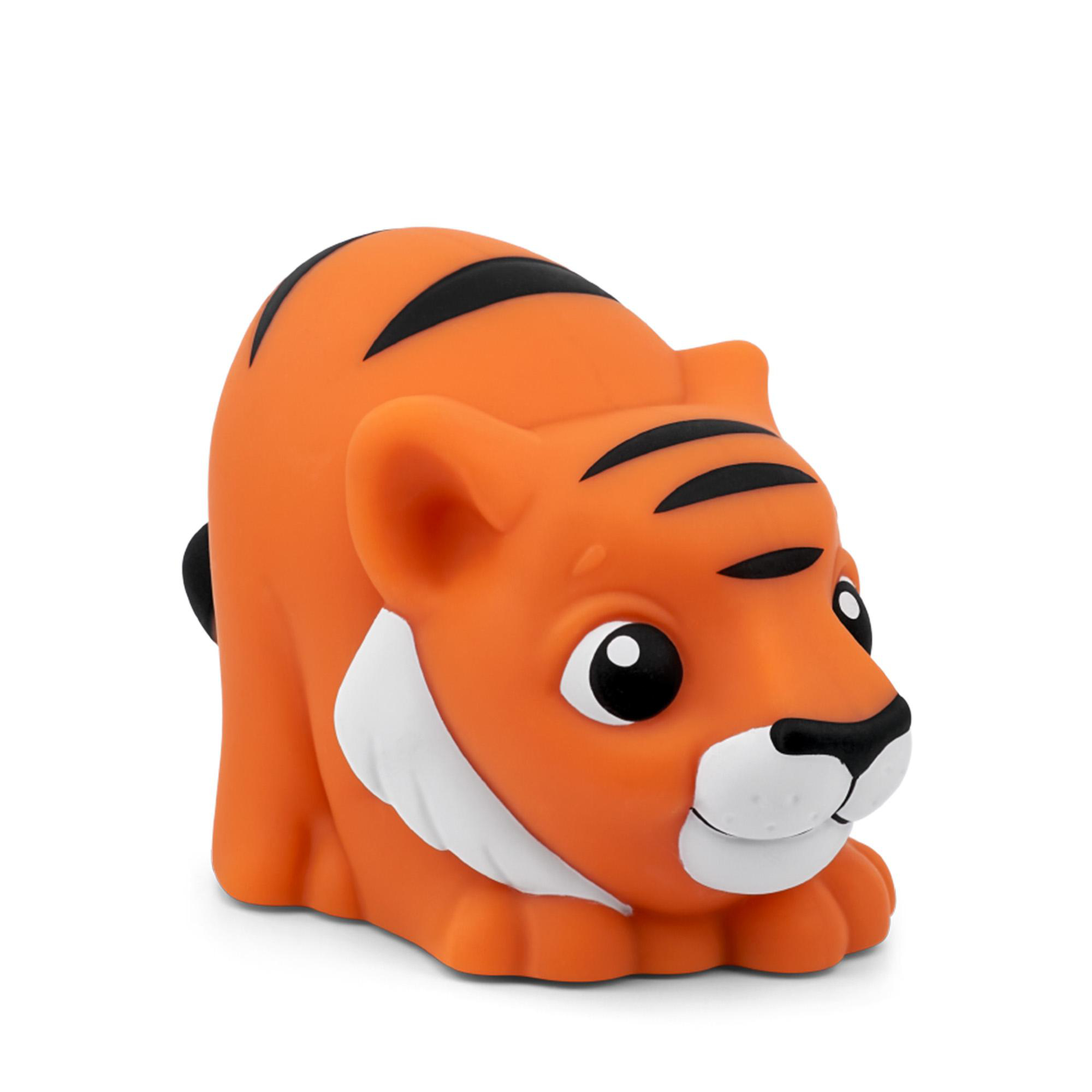 Eine orangefarbene Tiger-Spielzeugfigur mit schwarzen Streifen und weißen Akzenten.