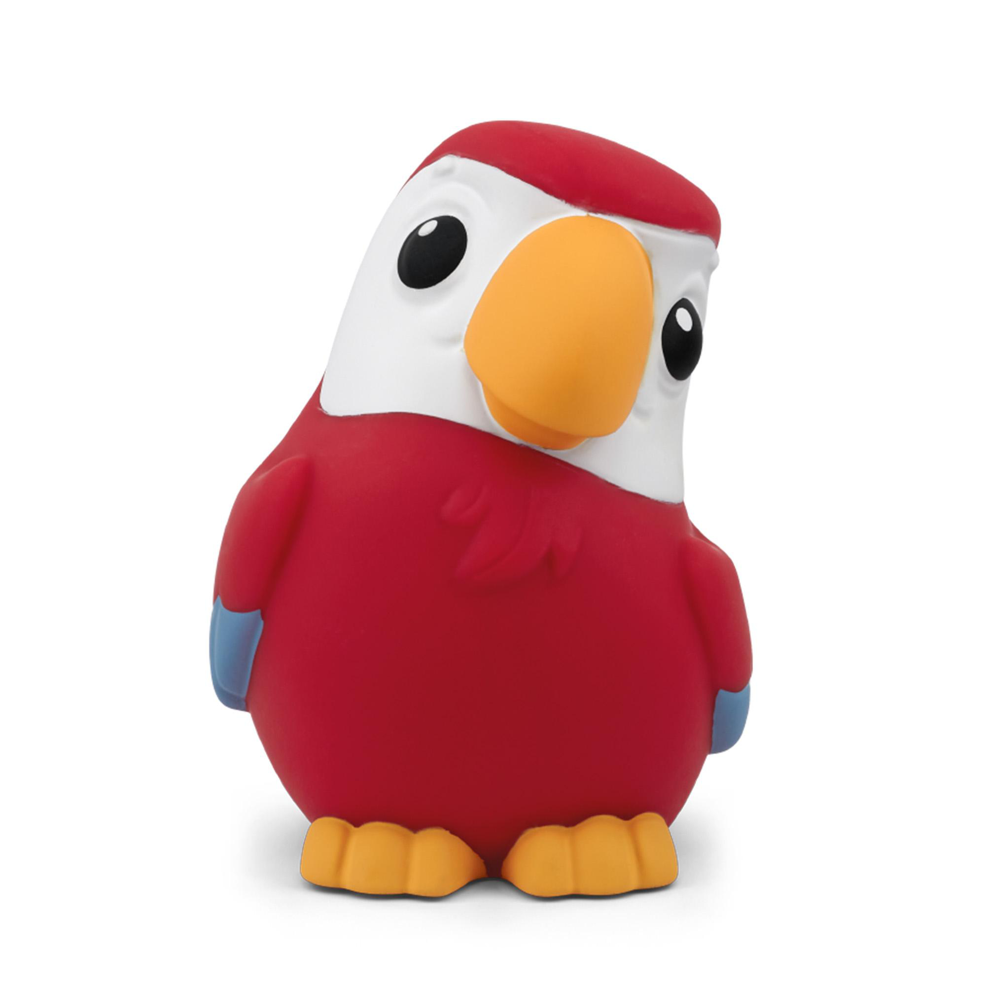 Ein kleiner roter Papageienspielzeug mit gelbem Schnabel und blauen Flügelspitzen.