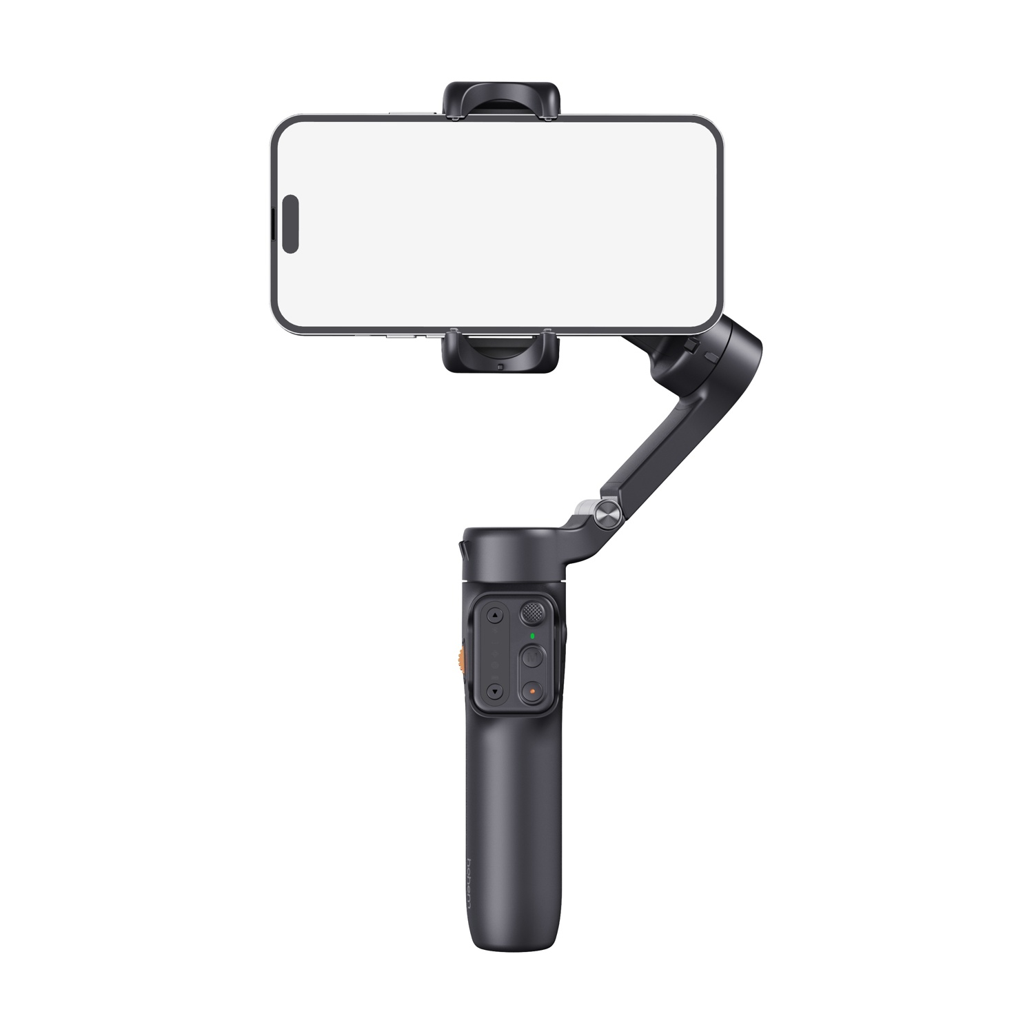 Uno stabilizzatore gimbal per smartphone nero con un telefono montato. Sfondo bianco.