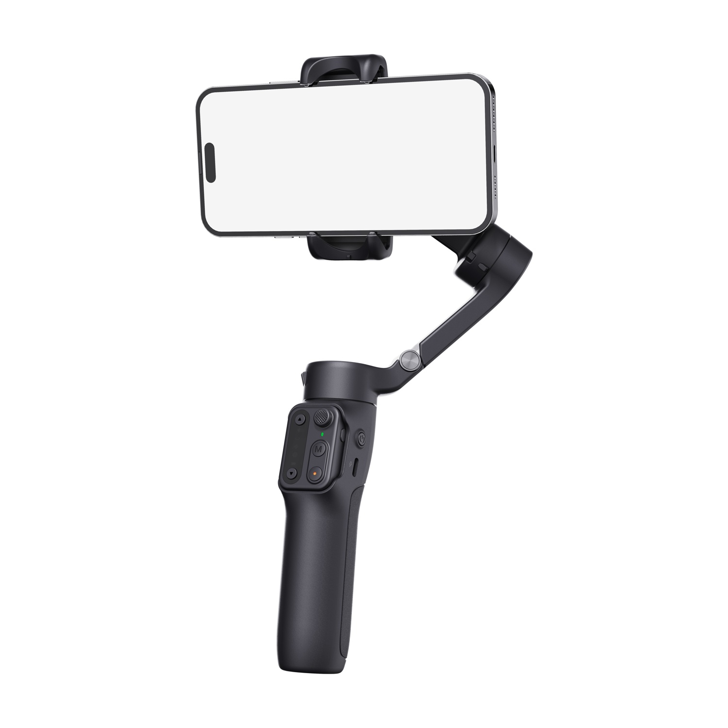 Uno stabilizzatore gimbal nero tiene uno smartphone con schermo vuoto.
